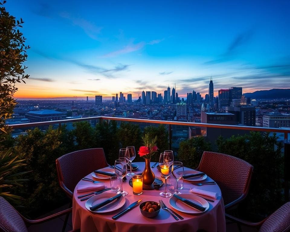 Ga dineren op een terras met uitzicht op de skyline