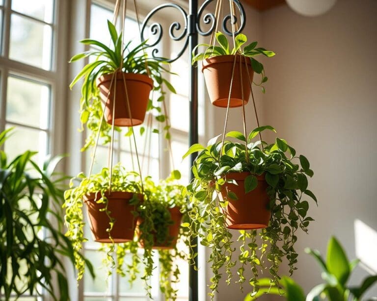 Hangende plantenpotten met een decoratieve standaard