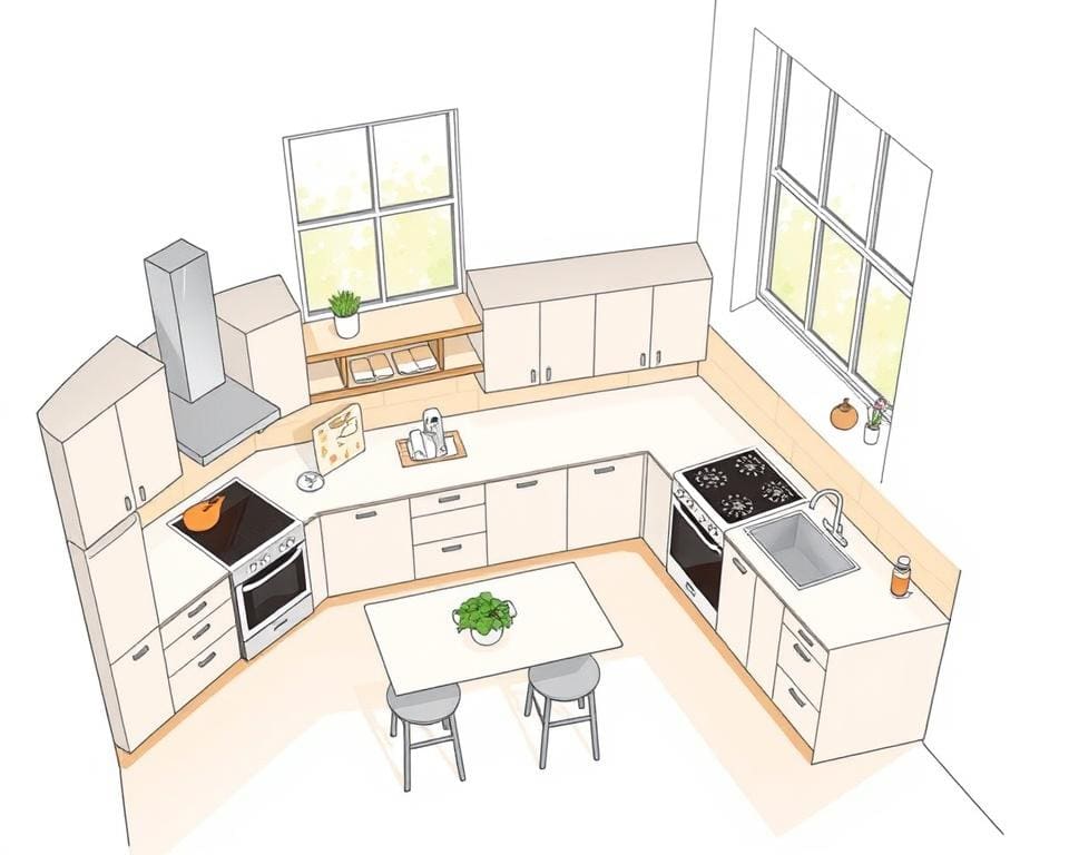 Wat is de juiste opstelling voor een L-vormige keuken?